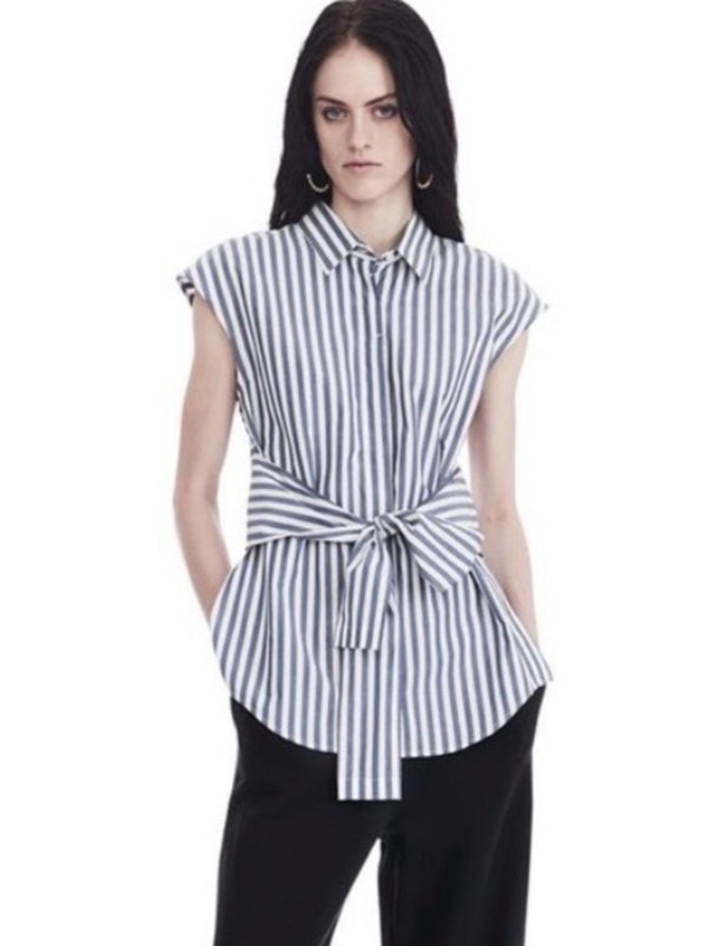 T by Alexander Wang Tie-Front Striped Cotton Poplin Shirt